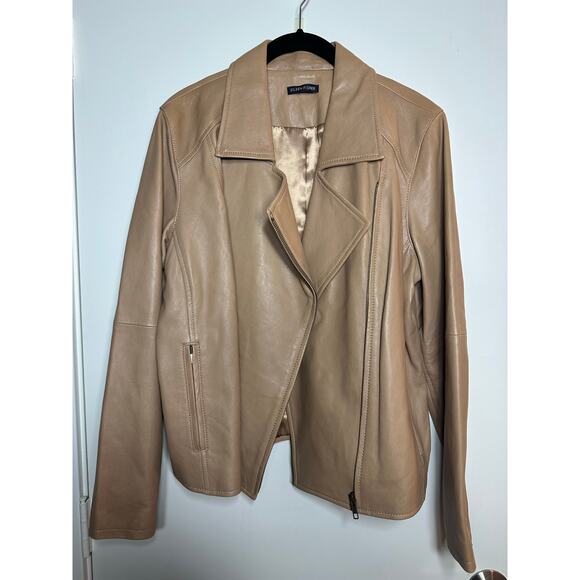 Eileen Fisher Rumpled Lux Moto Leather Jacket size Large US tan/beige color - Picture 3 of 10